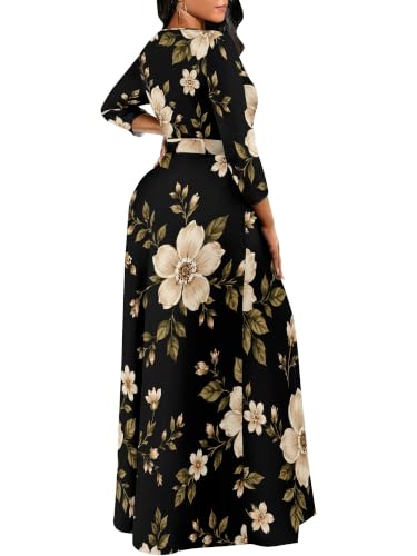 Image of Women Plus Size Long Sleeve V Neck Maxi Dress with Belt | Soft fabric relaxed fit three quarter sleeve v neck with pockets for party and daily wear