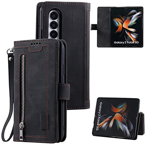 EYZUTAK Funda para Samsung Galaxy Z Fold 4 5G, funda de piel con cierre magnético, cartera con 9 ranuras para tarjetas, función atril, estilo retro mate, color negro Cover
