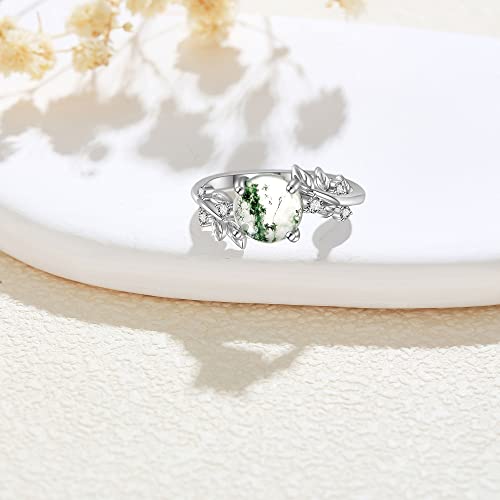 Hukkun Natural Moss Agate Ring Sterling Silver Green Moss Agate Ring Promise Ring Engagement Wedding Jewelry Gift For Women #TOP2