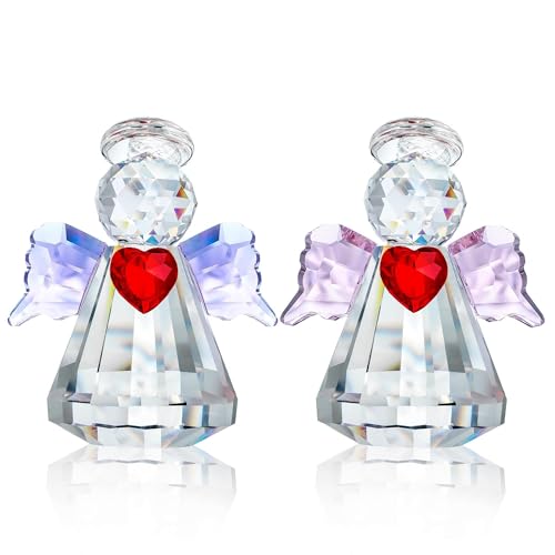HDCRYSTALGIFTS Set 2 Crystal Guardian Angel Figurines Collectibles,2.5'' Glass Angel Ornaments for Galentines/Valentine’s Day Home Dollhouse Statues Decor Gifts for Women