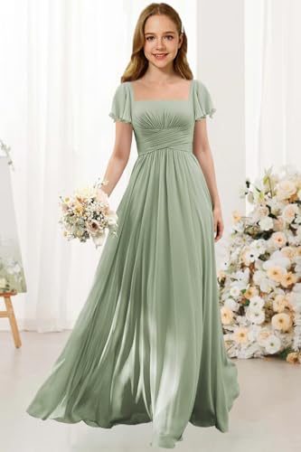 Flutter Sleeves Junior Bridesmaid Dress Square Neck Flower Girl Dresses with Ruffles A Line Wedding Party Gown4