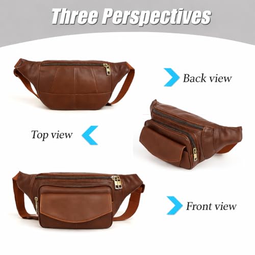 Image of Premium Brown Leather Waist Bag for Men | Stylish Belt Bag with Multiple Pockets | Travel, Running, Daily Use Crossbody Fanny Pack