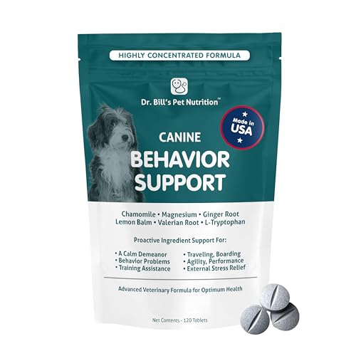 Dr. Bill’s Canine Behavior Support | Calming Supplement for Dogs with Stress or Anxiety | Chamomile, Lemon Balm & Valerian | Aids Training & Behavior Management (120 Tablets)