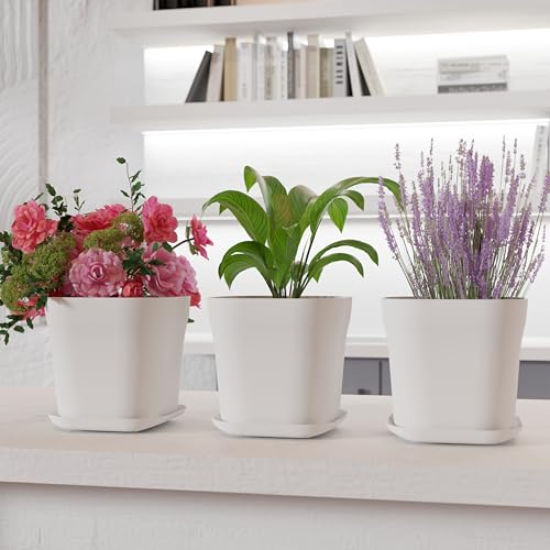 Image of StyleX Store Pack of 3 Square Plastic Flower Pot with Tray | Modern Indoor Outdoor Planter for Home Balcony Garden Office | Durable Lightweight Planter Pot | 6 Inch, White