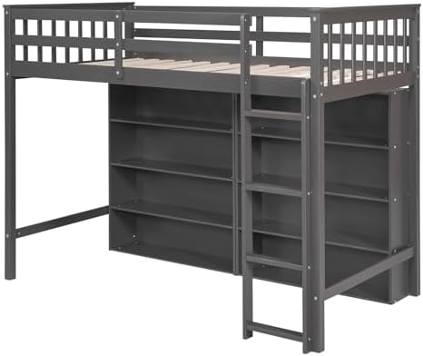 SOFTSEA Twin Size Loft Bed With Storage Shelves, Solid Wood Frame, Bookcase & Underbed Space, Ladder for Kids Boys Girls Teens, Grey