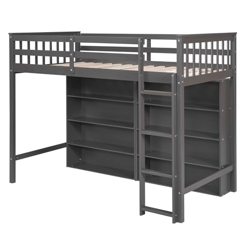SOFTSEA Twin Size Loft Bed With Storage Shelves, Solid Wood Frame, Bookcase & Underbed Space, Ladder for Kids Boys Girls Teens, Grey