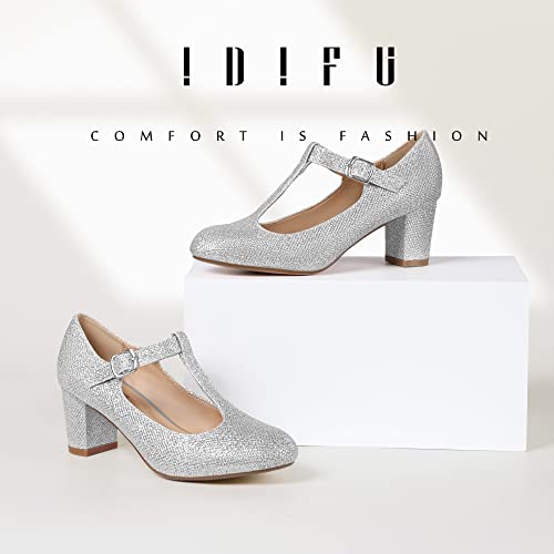 Idifu Women's Pumps Dress Shoes For Women Mary Jane Low Chunky Closed Toe T-Strap Womens Dress Shoes Wedding Shoes For Bride Black Nude Silver Heels For Women (Silver Glitter, 9.5 M Us) #TOP1