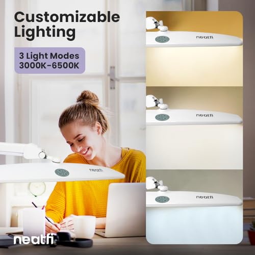 Image of Neatfi Elite HD XL Task Lamp | 22-Inch Wide | 2,260 Lumens | 3 Color Temperature Modes | Non-Polar Dimming Desk Lamp (White-2, CCT with Clamp)