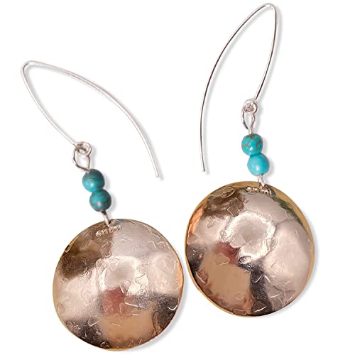 Handmade Quality Hammered Copper Dome Earrings Accented with Turquoise Beads | Boho, American West – Statement Earrings for Women | Teens, and Girls | Made in the USA, Aretes