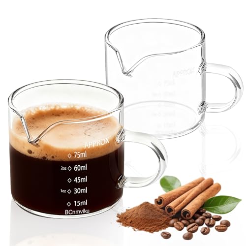 BCnmviku 75ml Espresso Shot Glass,V-Shaped Pouring Spout Glass Measuring Cup,Espresso Cup for Coffee, Cappuccino,Latte,Wine (2)