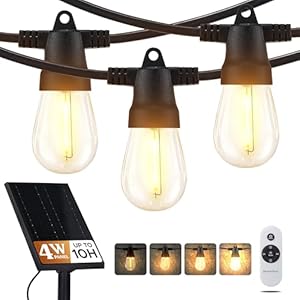 Brightech ambience pro super bright solar 48ft remote control outdoor string lights with 15 shatterproof s14 bulbs commercial grade led waterproof patio lights 4w soft white for patios gardens  urban country home decor