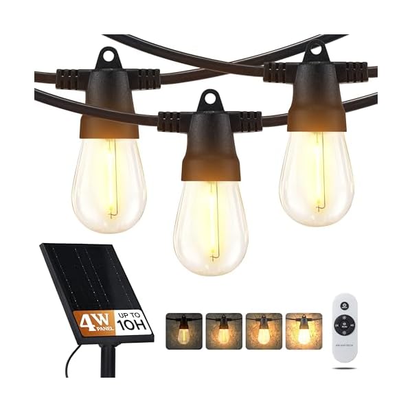 Brightech ambience pro super bright solar 48ft remote control outdoor string lights with 15 shatterproof s14 bulbs commercial grade led waterproof patio lights 4w soft white for patios gardens  urban country home decor