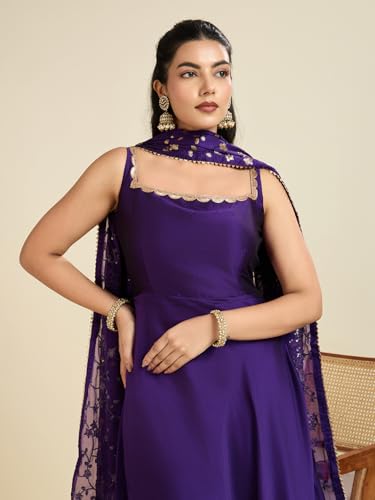 Image of UFB Purple Anarkali Kurta with Embroidered Dupatta, Sleeveless Square Neck Design
