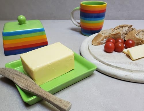 Hand Painted Rainbow Stripe Green Ceramic Butter Dish with Lid - Image 4