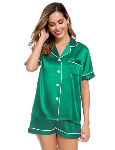 Image of LecGee Womens Silk Satin Pajamas Short Sleeve Loungewear Two-Piece Sleepwear Button-Down Pj Set Emerald Green X-Large