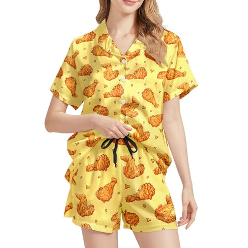 Image of Funny Satin Pajamas Set for Women Button Down Sleepwear Print Pjs Set 2 Piece Short Sleeve Loungewear Gift for Women