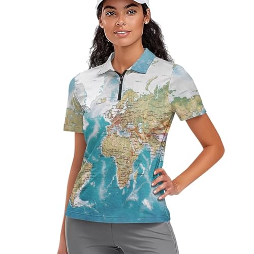Gzzxiailg World Maps Golf Polo Shirts for Womens Ladies Lapel Collar Golf Shirts 1/4 Zip Up Workout Tops Dressy Loose Tennis Shirt Holiday Tops Lady Golf Apparel