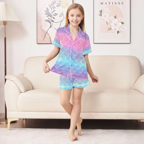senya Fish Scales Rainbow Satin Summer Pajama Sets Silk Short Sleeve Button Down Sleepwear4