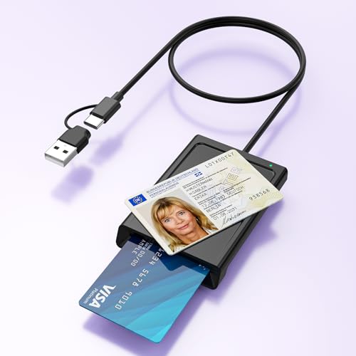 2IN1 USB-A & USB-C Chipkartenleser mit NFC USB Smart Card Reader Kartenlesegerät DOD Military Kartenleser für den neuen Personalausweis Bankkarten kompatibel mit Windows Linux Android 95cm Kabel