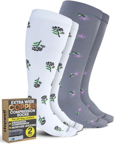 STEPWELL Copper Plus Size Compression Socks Wide Calf - 2 Pairs | Wide Calf Compression Socks Women | Easy On/Easy Off Circulation Support | Flowers-3XL