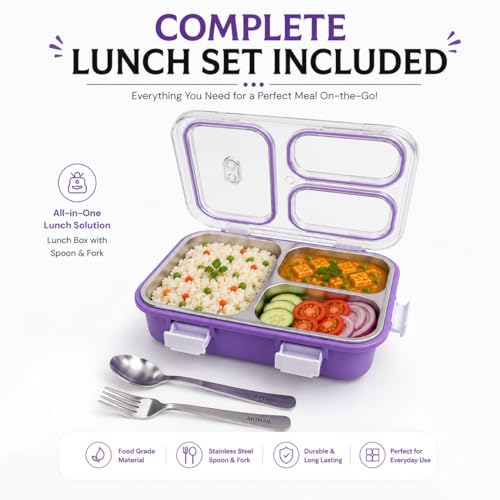 Image of 950ML Stainless Steel Bento Lunch Box |3 Compartments, Leakproof Tiffin Box with Spoon & Fork for School | Office & Travel (Lavender Purple)