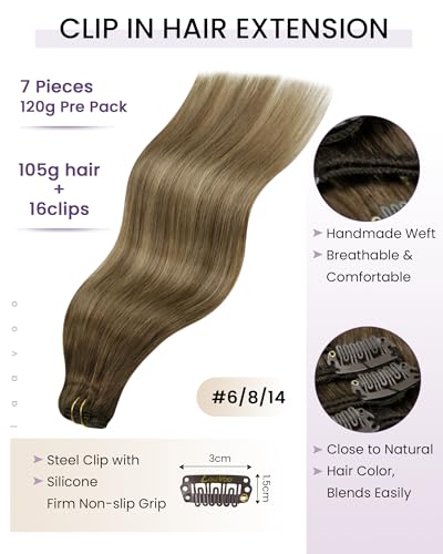 Image of LaaVoo Hair Extensions Clip Ins, For Quick Volume, 20 Inch | Warm Brown Fading To Light Brown Golden Blonde Balayage, 120g 7pcs, Hair Extension Clips, Soft, Thick Full