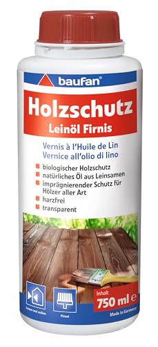 Baufan Barniz de aceite de linaza 2.0 750 ml – Barniz de aceite de linaza natural para el cuidado biológico de la madera, aceite de madera exterior e interior para muebles, encimeras y vallas