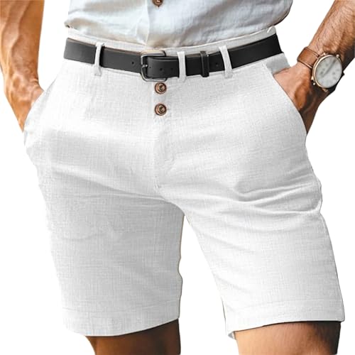 Men's Belt Button Simple Solid Color Apparel Shorts Fashion Summer Casual Leisure Wear with Pockets (White,X-Large)