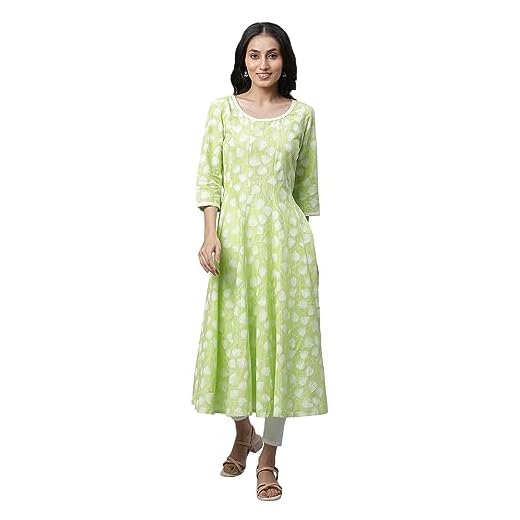 Aurelia Women's Green Leaf Print Cotton Anarkali Kurta