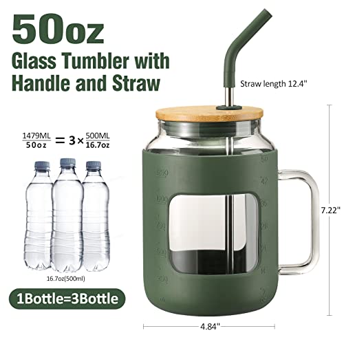 Vokovo 50 Oz Glass Tumbler With Bamboo Lid And Straw, Glass Water Bottles With Handle And Silicone Sleeve Reusable Mug Cup Drinking Glasses For Iced Coffee, Spill Proof, Bpa Free,Olive #TOP5