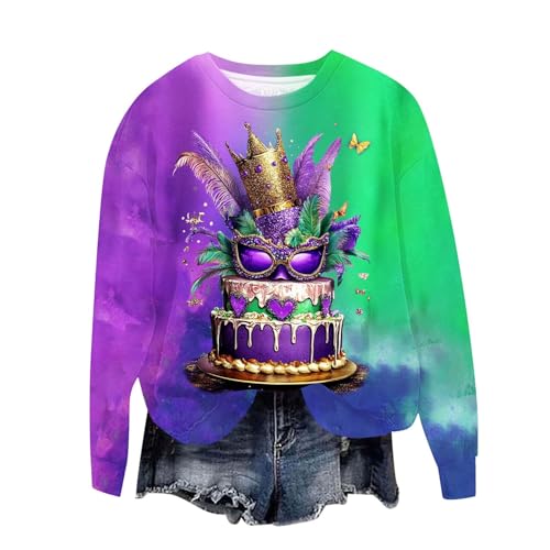 LMSXCT Mardi Gras Sweatshirt for Women Mask Cake Graphic New Orleans Long Sleeve Pullover Fat Tuesday Top Carnival Outfit