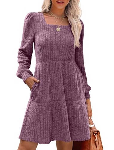 Image of Sampeel Womens Square Neck Long Sleeve Fall Dresses Casual Babydoll Sweater Dress