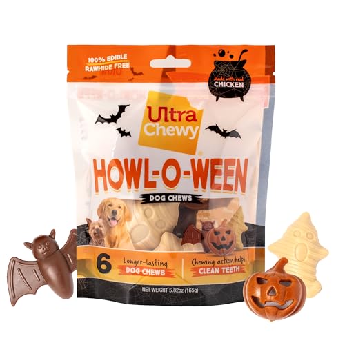 Ultra Chewy Halloween Treats - Trick or Treat Pack - Highly Digestible Fun Shapes Dental Treats for Your Dog - Made with Real Chicken (4 Packs)