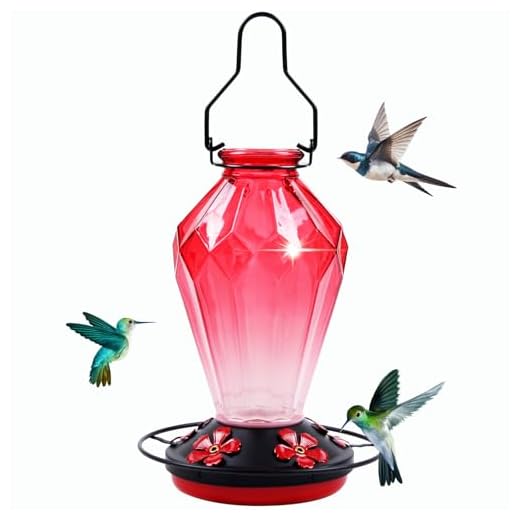 Glass Hummingbird Feeder for Outdoors Hanging, 25Oz Humming Bird Nectar Feeder, Perch, 5 Flower Feeding Ports, Leak Proof Base, Hook for Outside Garden Backyard, Gift for Women Mom, Diamond Red