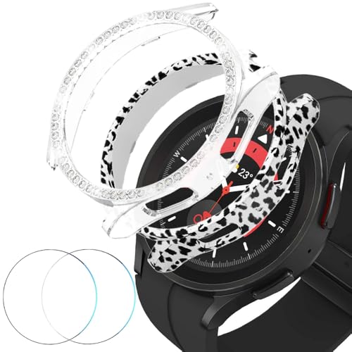 DEALELE [2+2 PACK Tempered Glass Case Compatible with Samsung Galaxy Watch 5 Pro 45mm, Bling Diamond + PC Matte Protective Case Cover + Tempered Glass Screen Protector, Clear + Leopard white
