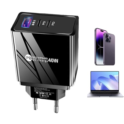 Carga Rápida 3.0 Enchufe de Pared,Adaptador de 40W Tipo C con 3 Puertos para Carga Rápida | Protección contra Sobretensión y Sobrecalentamiento para Teléfonos y Tabletas