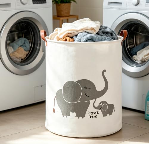 Image of CLOCOR Collapsible Round Storage Bin,Large Storage Basket,Clothes Laundry Hamper (Love Elephant)