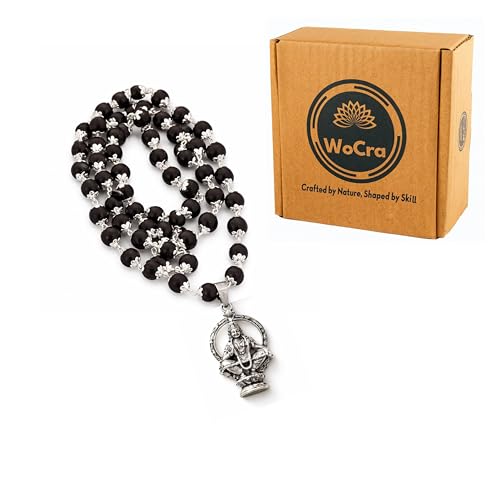 Image of Karungali Malai 8mm Certified with Divine Lord Ayyappa Pendant Silver Plated Original | 54 Beads Authentic Black Ebony Wood Mala with German Silver Cap for Men & Women | Spiritual Protection, Energy Balance & Daily Pooja Wear - 1 Piece