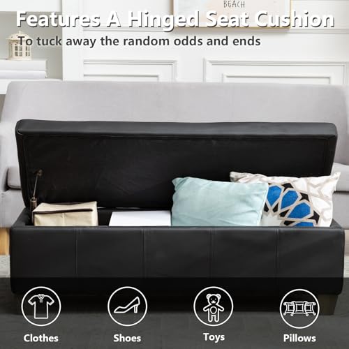 Image of 51 Inch Storage Ottoman, Storage Bench with Safety Hinge, Upholstered Synthetic Leather Ottoman Bench for Bedroom, Living Room, Entryway, Hallway, Foot Rest, Support 500lbs, Black