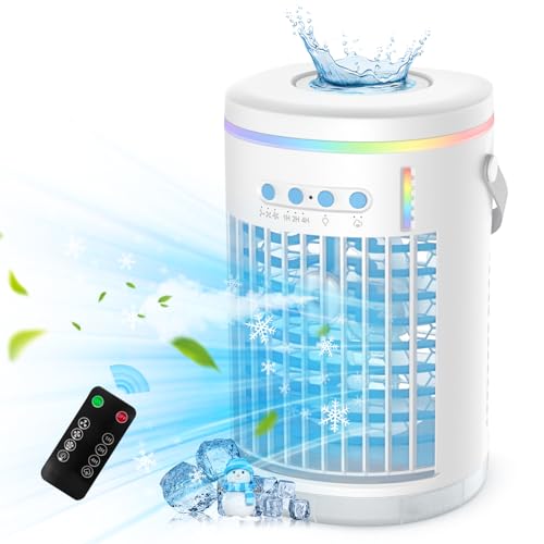 Aire Acondicionado Portátil, 1400ML Mini Enfriador de Aire Portátil con Control de Remoto,4 en 1 Mini Aire Acondicionado con 7 Colores LED para el Hogar, Oficina