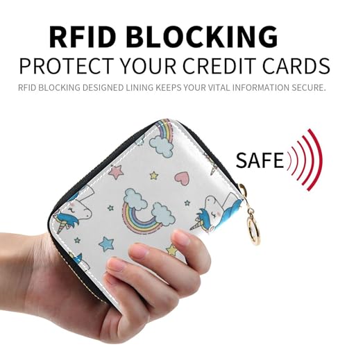 Card Holder Wallets RFID Blocking Women's Wallets Small Leather Zipper Wallet with Coin Pouch Cartoon Cute Rainbow Horses White2