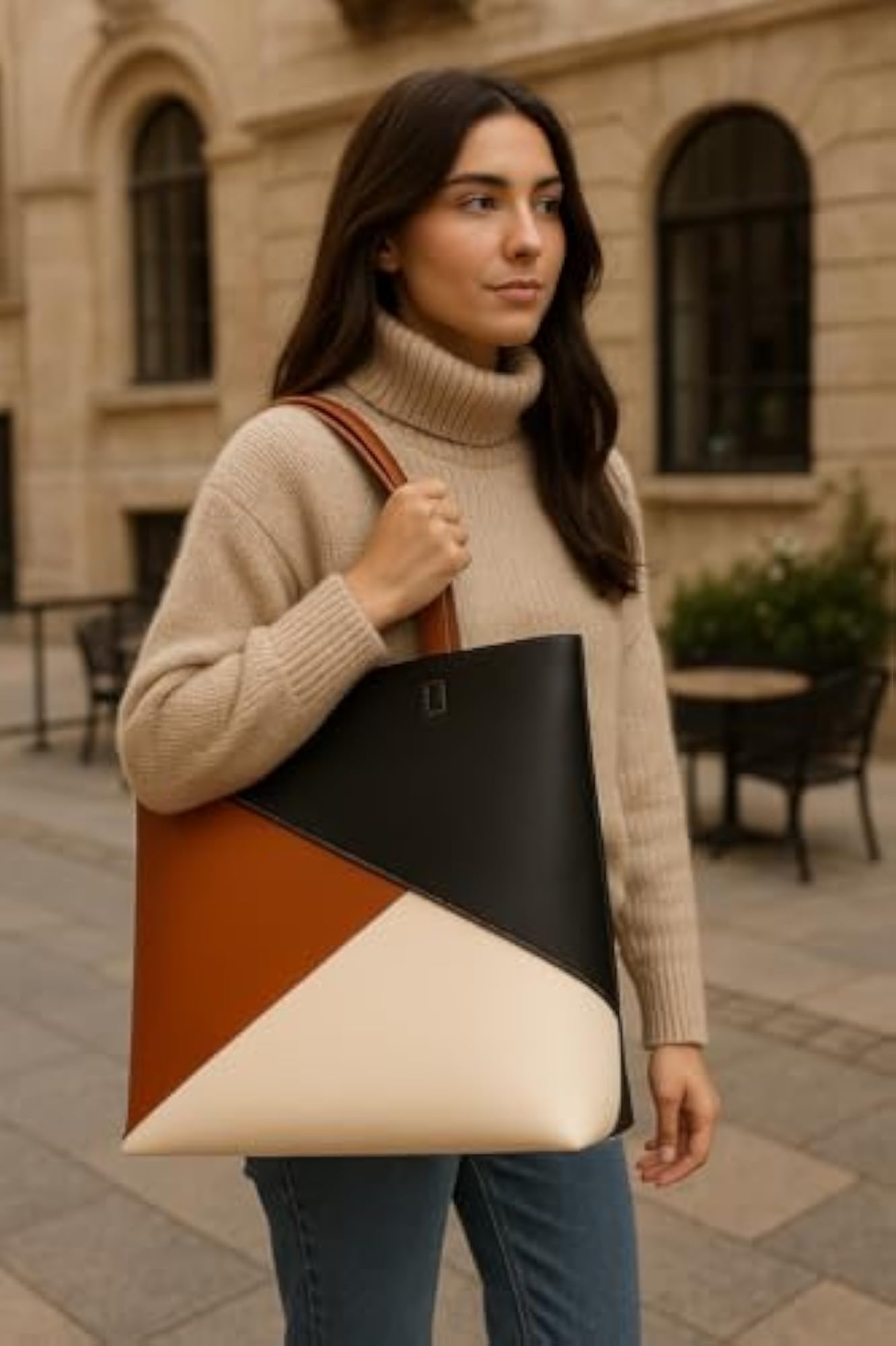 2 Way Leatherette Tote Bag, Geometric Color Block
