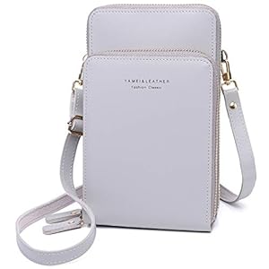 Schoudertas voor mobiele telefoon – leer, vrouwen, portefeuille, schoudertas, kleine tas, portemonnee, paspoort, mobiele telefoontas met kaartsleuven, verstelbaar. Verwijderbare schouderriem voor mobiele telefoon kleiner dan 7 inch, lichtgrijs