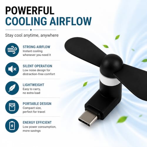 Image of USB Type-C Mini Fan Pack of 6 (OTG Required) | Portable USB-C Cooling Fan for Android Smartphones | Flexible Plug & Play Personal Fan | Compact Pocket Travel Gadget | Black