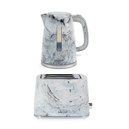 Salter Marble Kettle and 2-Slice Toaster Set – 1.7 L Fast Boil Kettle with Removable Limescale Filter, Wide Toasting Slots, 7 Browning Levels, Removable Crumb Tray, 3kW/900W, White, COMBO-9353