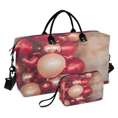 Burbuja Travel Duffel Bag for Women, Valentine Red Balloon Weekender Overnight Bag Shoulder Carry On Tote Bag with Trolley Sleeve, Gym Bag with Toiletry Bag, Large Size