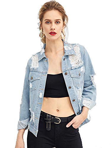 Floerns Women's Causal Long Sleeve Wash Distressed Jean Denim Jacket Light Blue S #TOP22