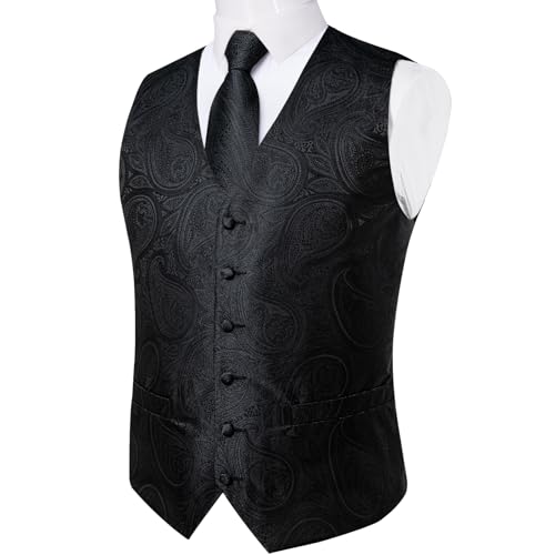 Image of DiBanGu Mens Vest and Tie Set Formal Paisley Waistcoat and Necktie Pocket Square Cufflinks Silk Suit Vest for Tuxedo Wedding