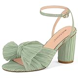 MUCCCUTE Women's Bow Heels Chunky Block Open Toe Heeled Sandals Ankle Strap Buckle Heels for Bridal Wedding (Light Green, Size 8)