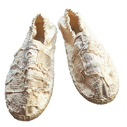 Boro Sashiko Embroidery Handmade Fabric Espadrilles Slip On shoes - White (EU Size 34-46) (42)